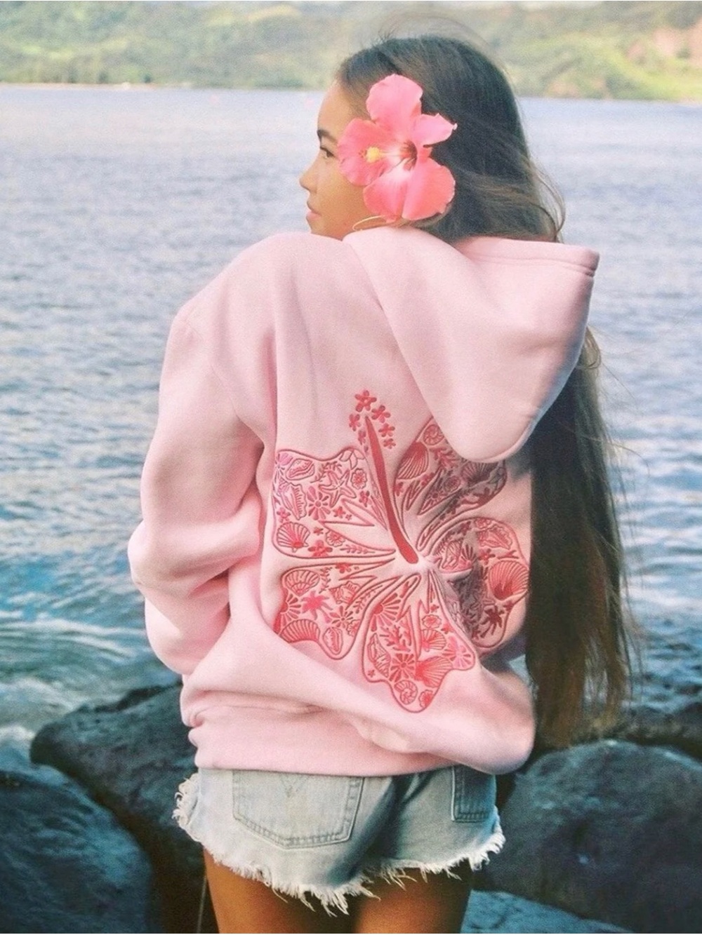 Pink palm puff Light Pink Hooded hawaii habiscus Sweatshirt